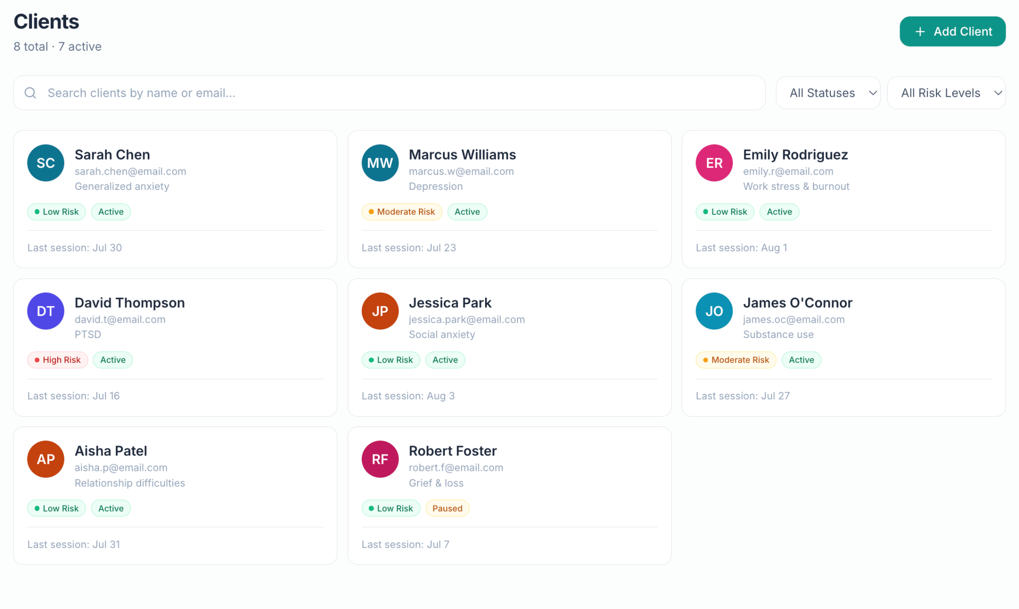 The InterSesh Clients view showing a searchable caseload and client status cards.