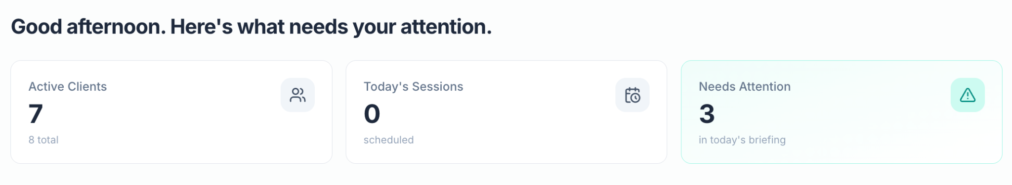 InterSesh dashboard summary showing active clients, today’s sessions, and clients needing attention.